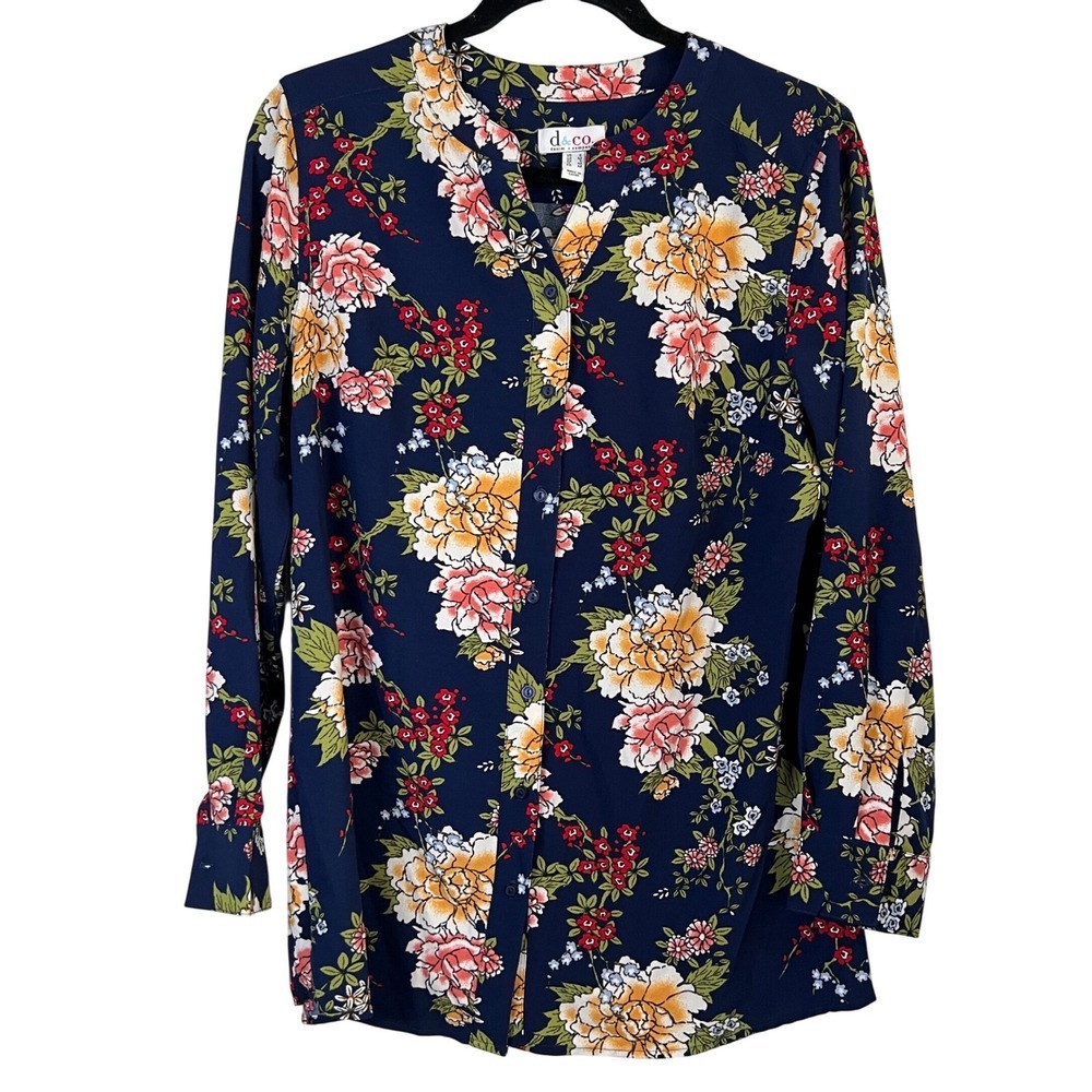 Denim & Co Navy Floral Button Front Blouse Long Sleeve Stretch Top - Size Small